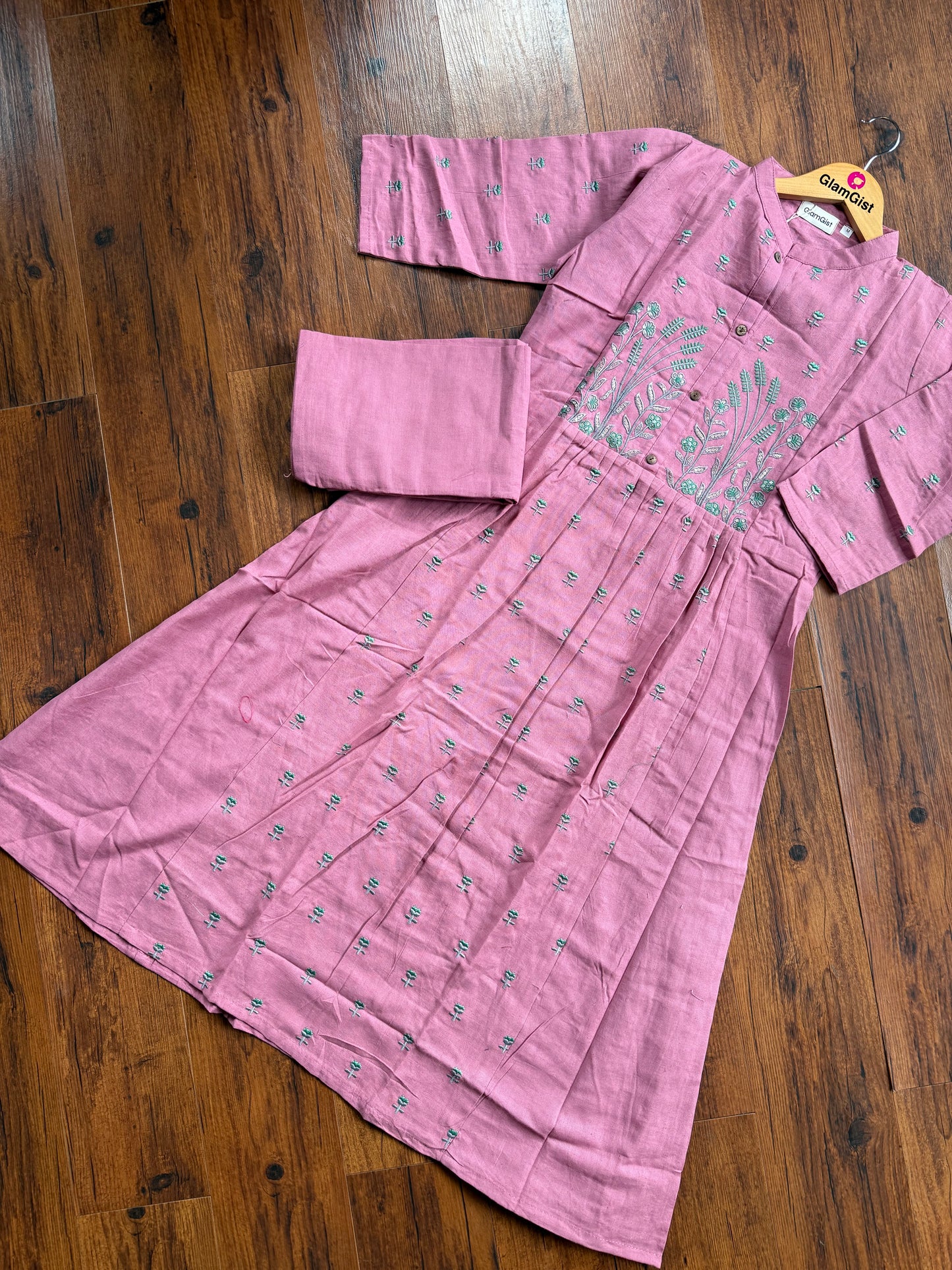 Dusty mauve embroidered Kurti pant set with teal embroidery