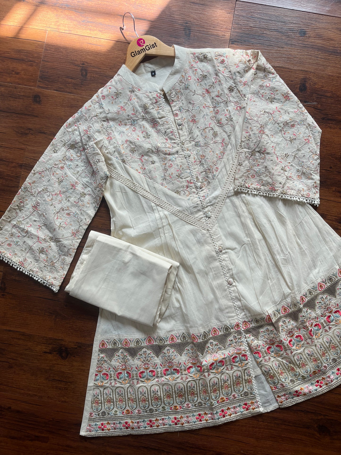 White Coord Set with Multi Coloured Thread work