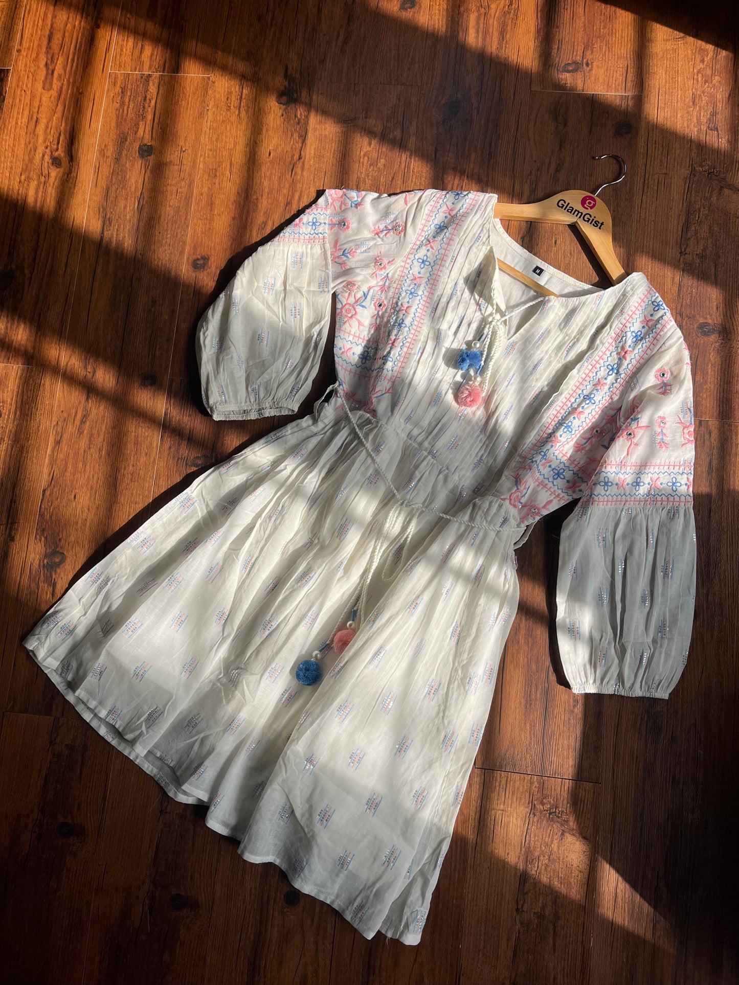 White Short Tunic with Multi Coloured Embroidery