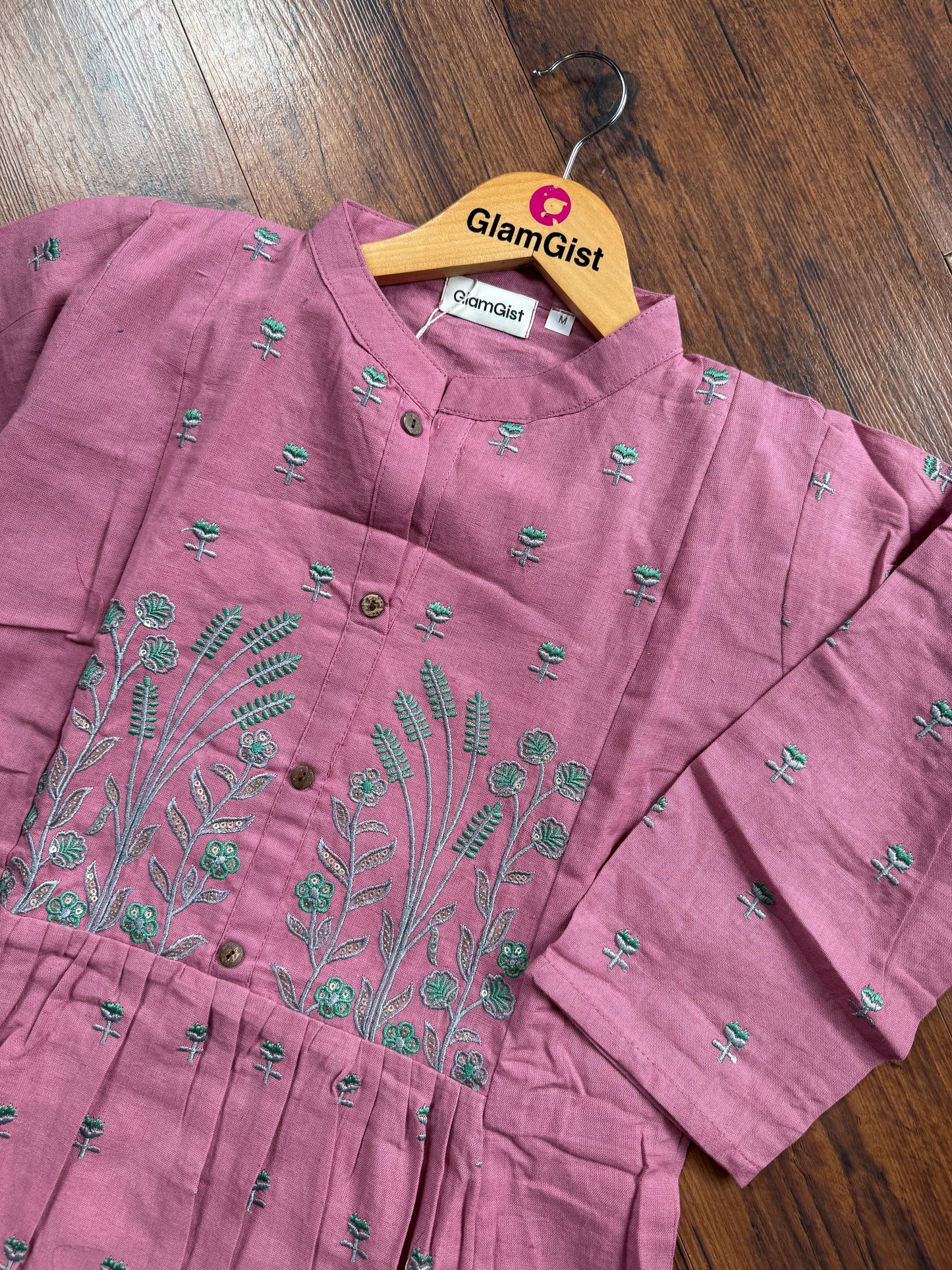 Dusty mauve embroidered Kurti pant set with teal embroidery