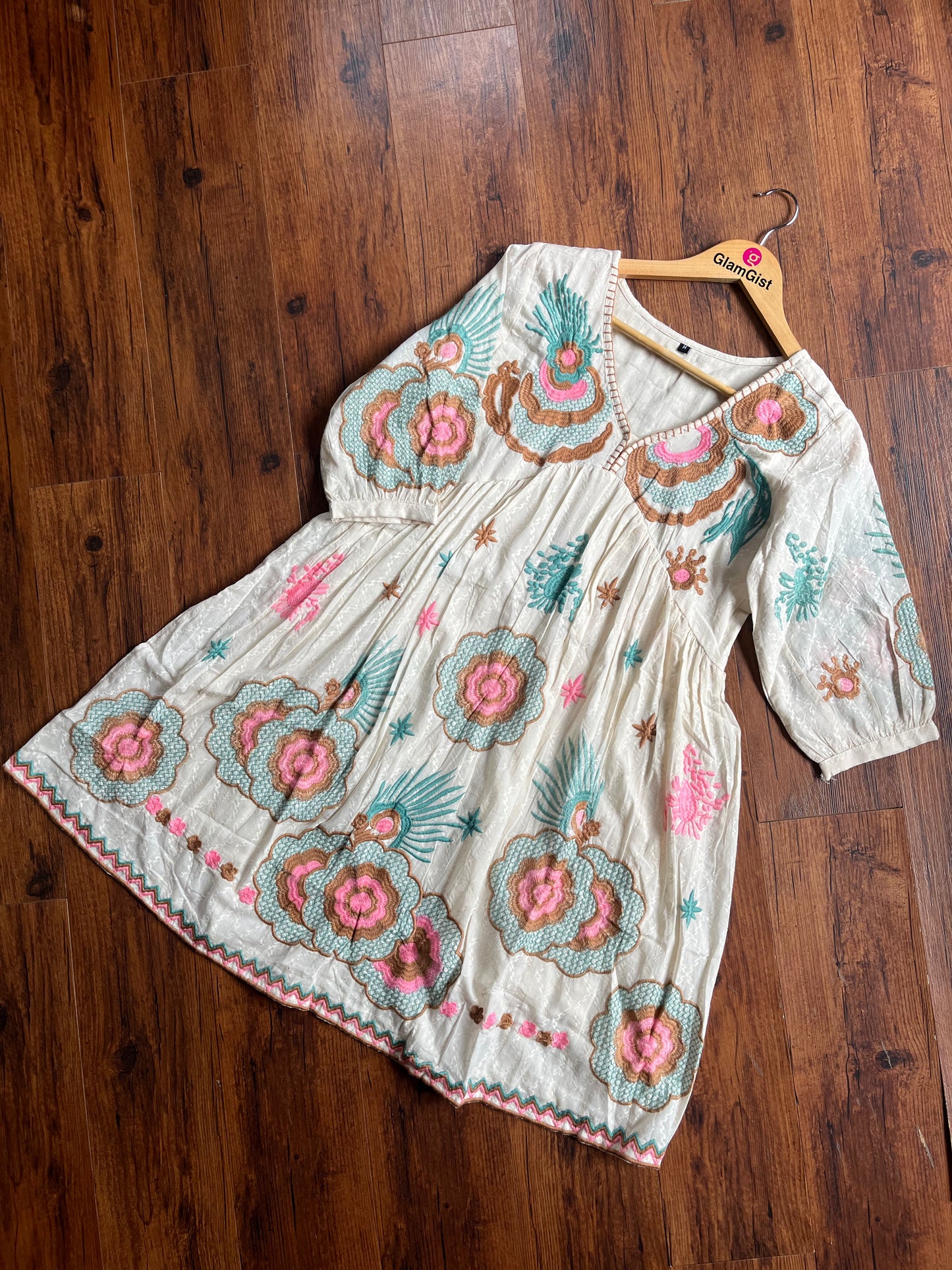 White Short Tunic with Blue and Pink Embroidery