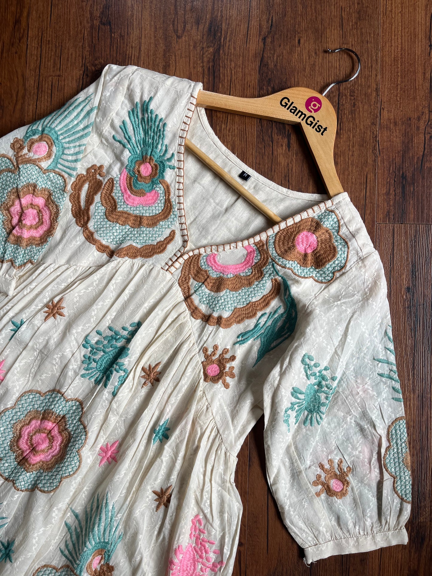 White Short Tunic with Blue and Pink Embroidery