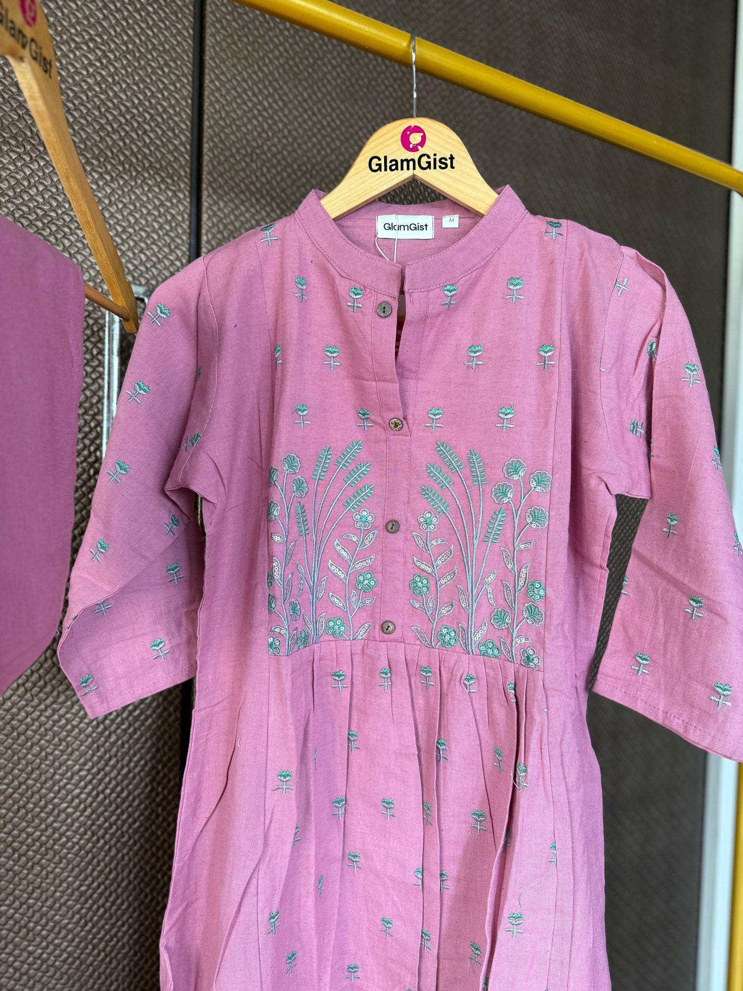 Dusty mauve embroidered Kurti pant set with teal embroidery