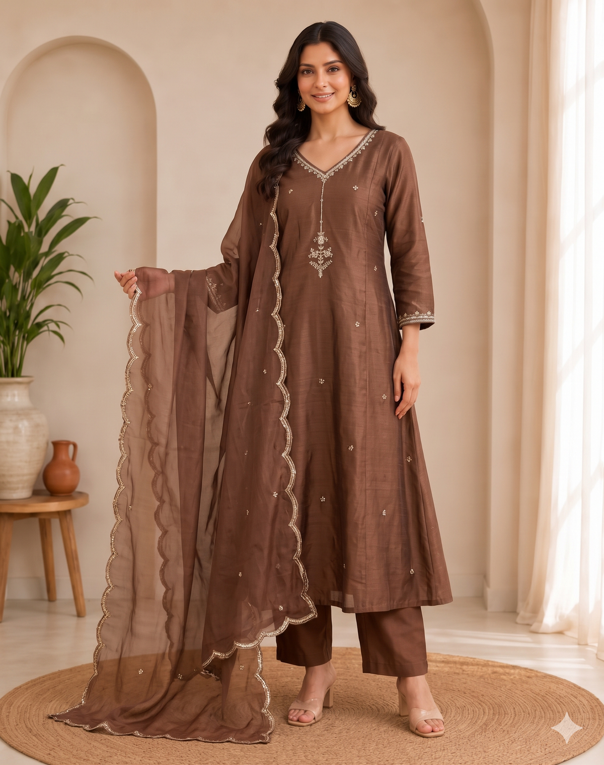 Mocha Brown Hand-Embroidered Mul Chanderi Kurta Set with Scalloped Organza Dupatt
