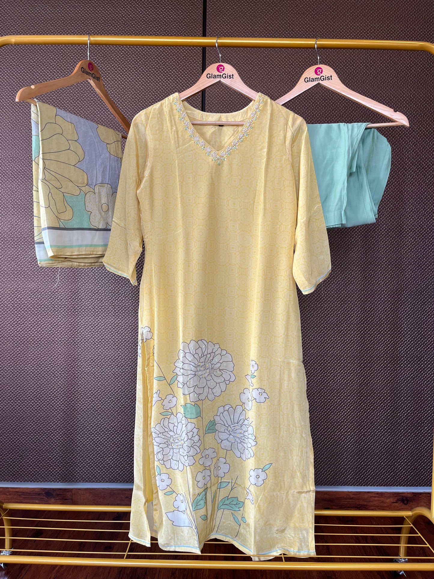 Yellow pure crape fabric kurti set