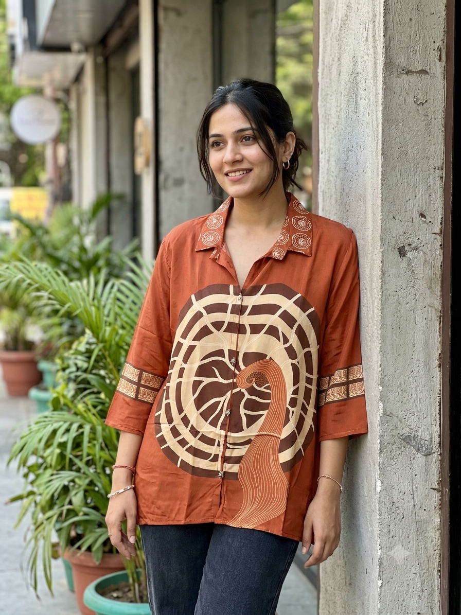 Terracotta Rust Printed Crepe Button-Down Tunic Shirt