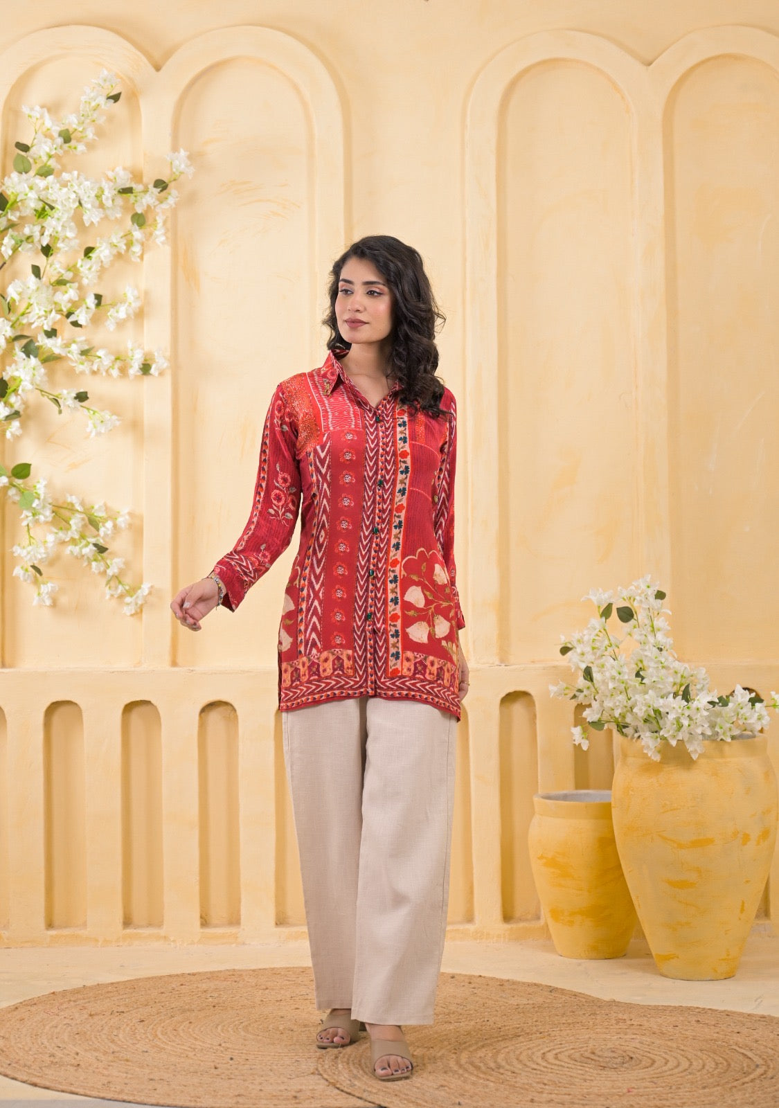 Red Ikat-Print Tunic with Floral Details