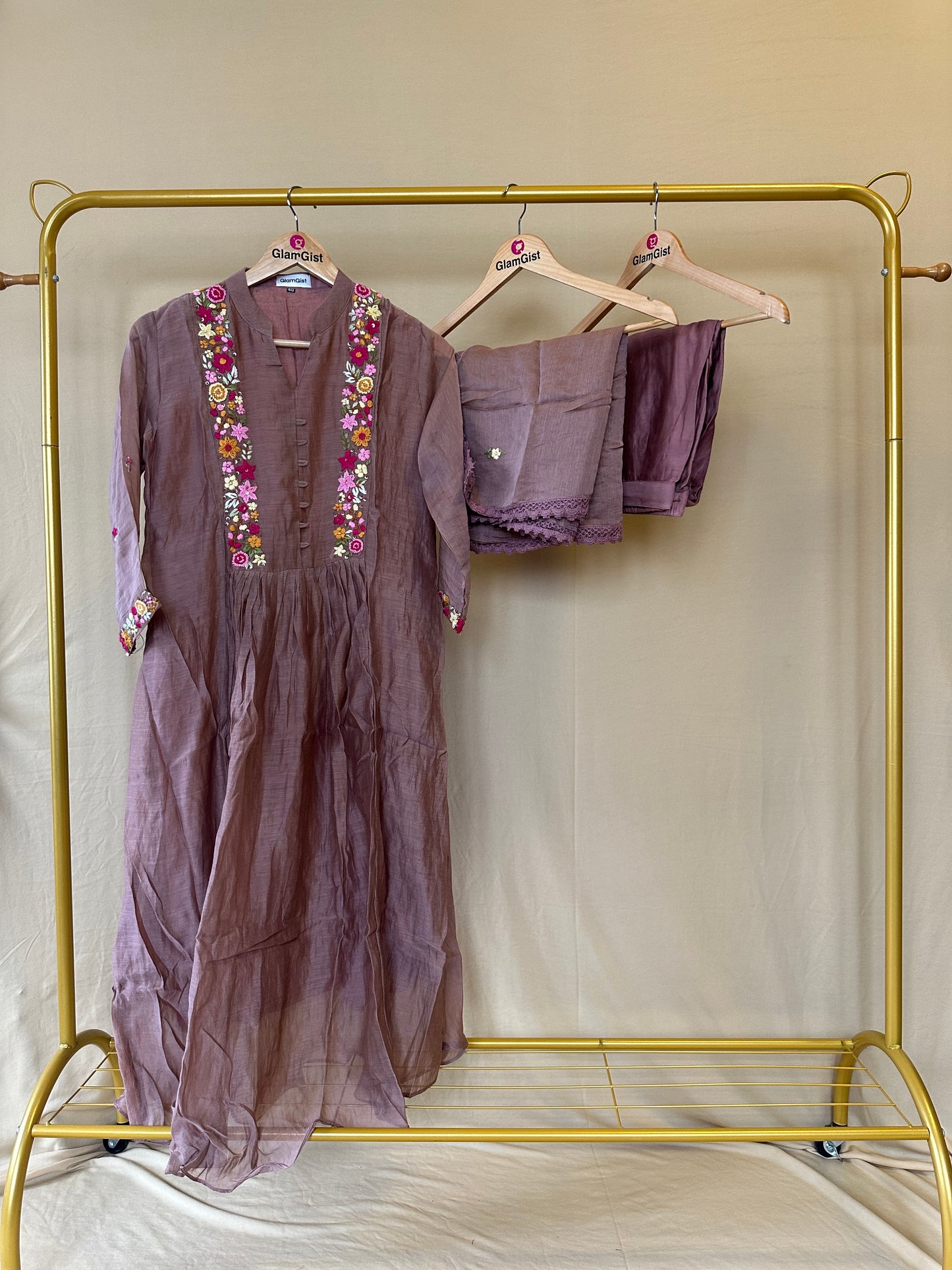 Earthy Mauve Hand-Embroidered Mul Chanderi Suit
