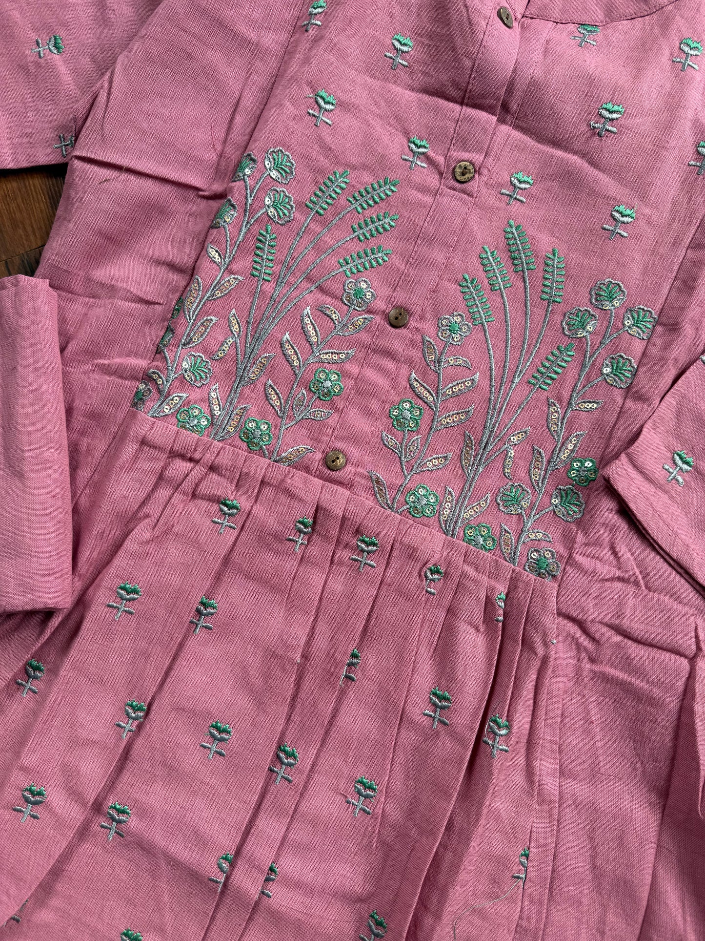 Dusty mauve embroidered Kurti pant set with teal embroidery