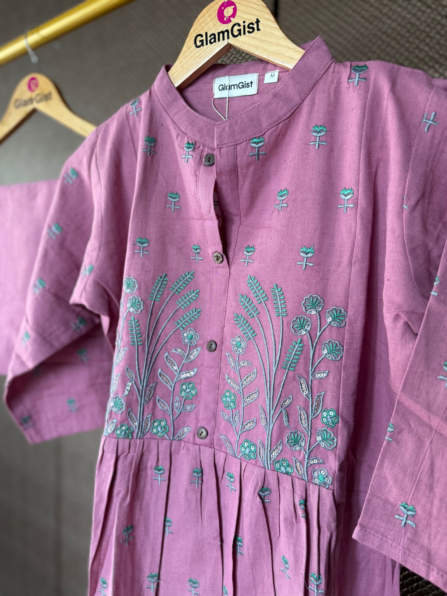 Dusty mauve embroidered Kurti pant set with teal embroidery
