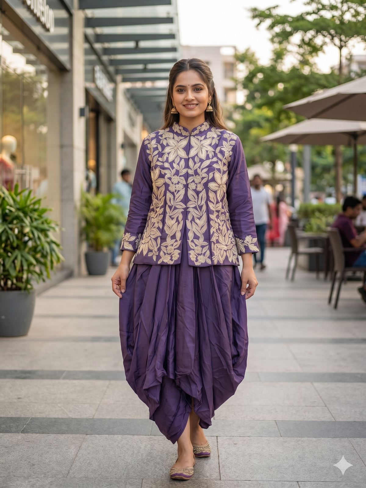 Royal Violet Floral Zari Embroidered Bandhgala Jacket & Dhoti Pant Indo-Western Co-ord Set
