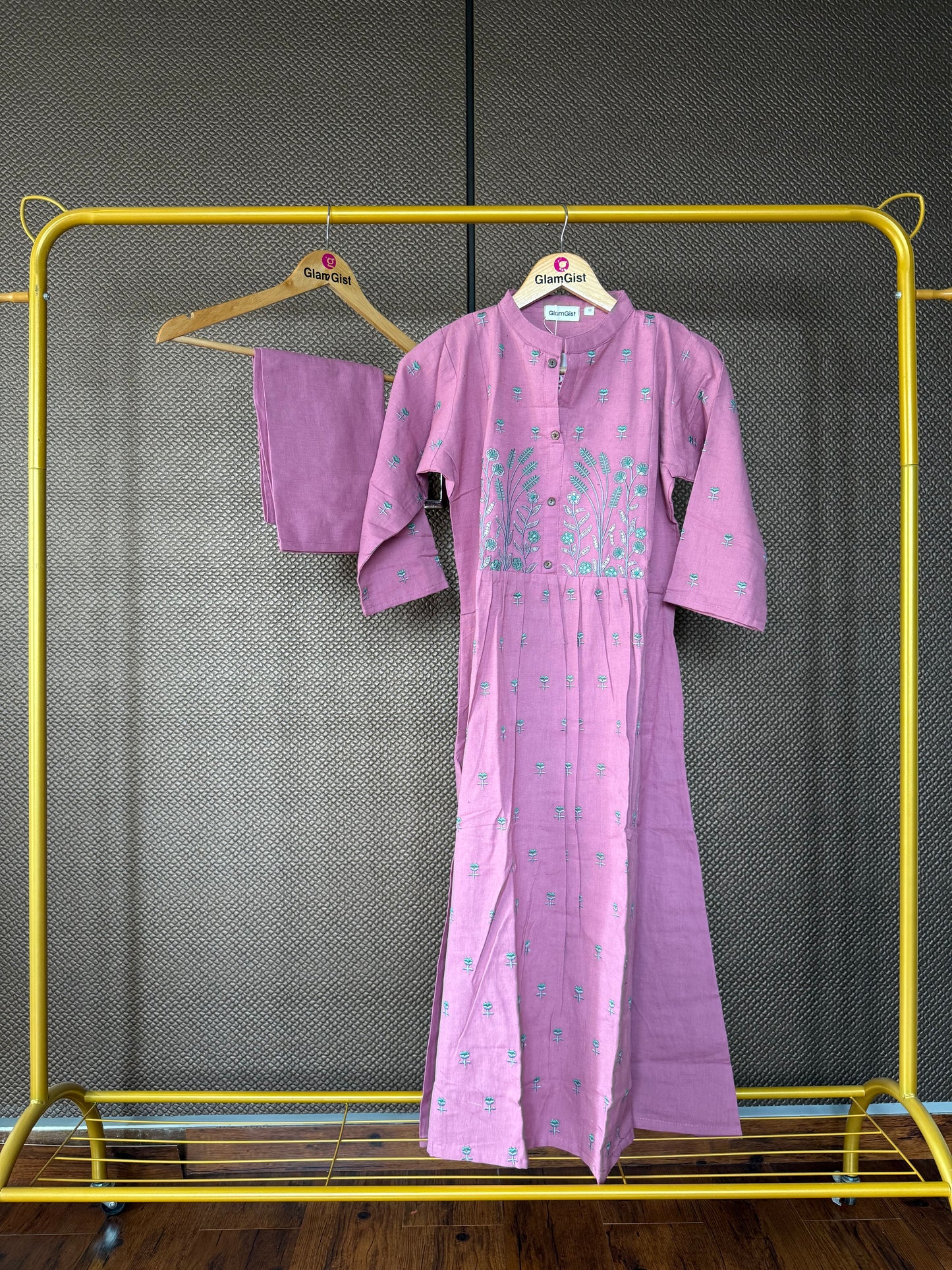 Dusty mauve embroidered Kurti pant set with teal embroidery