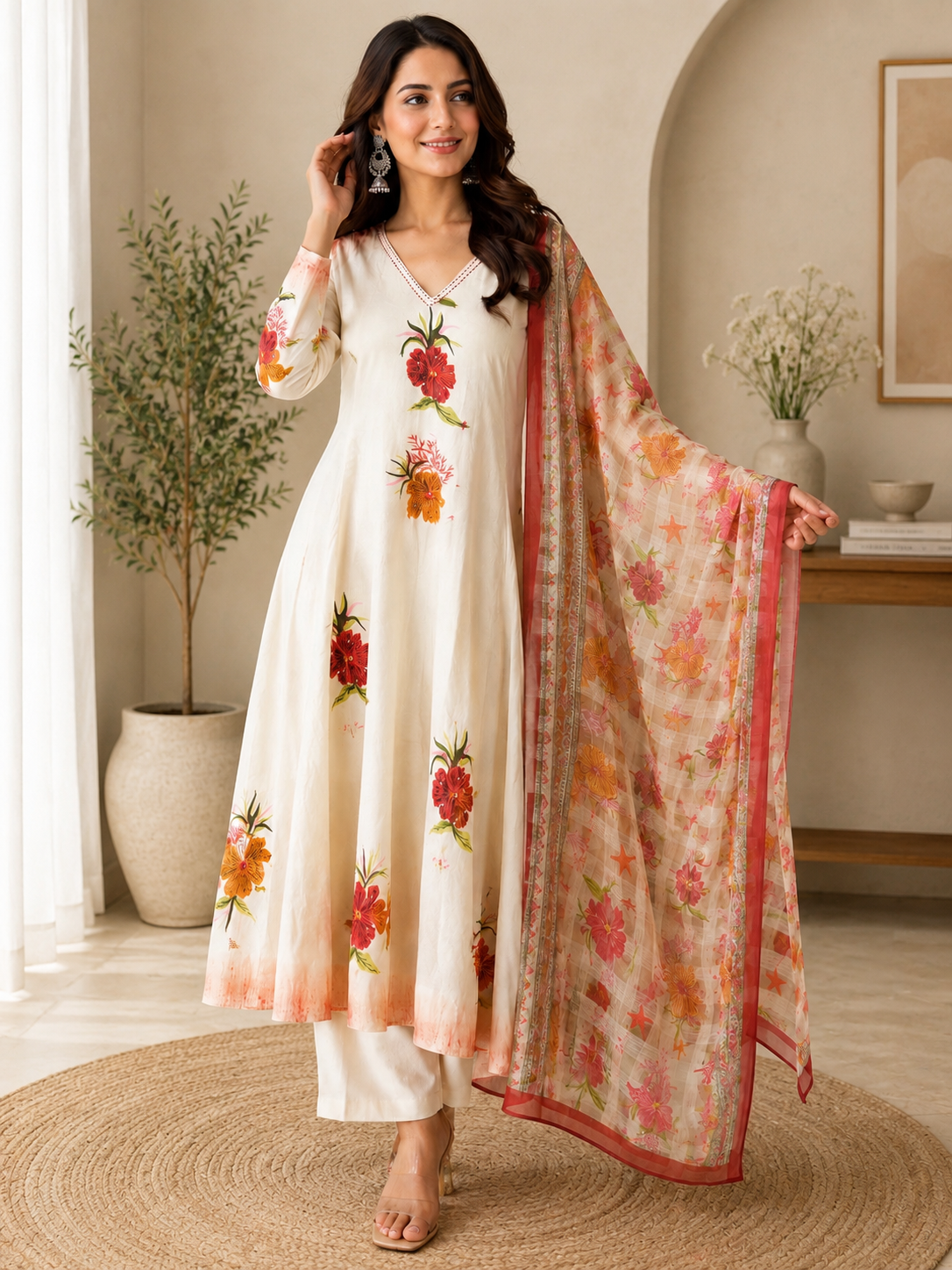 Ivory Floral Anarkali Kurti Set with Printed Dupatta