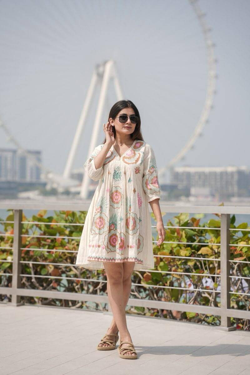 White Short Tunic with Blue and Pink Embroidery