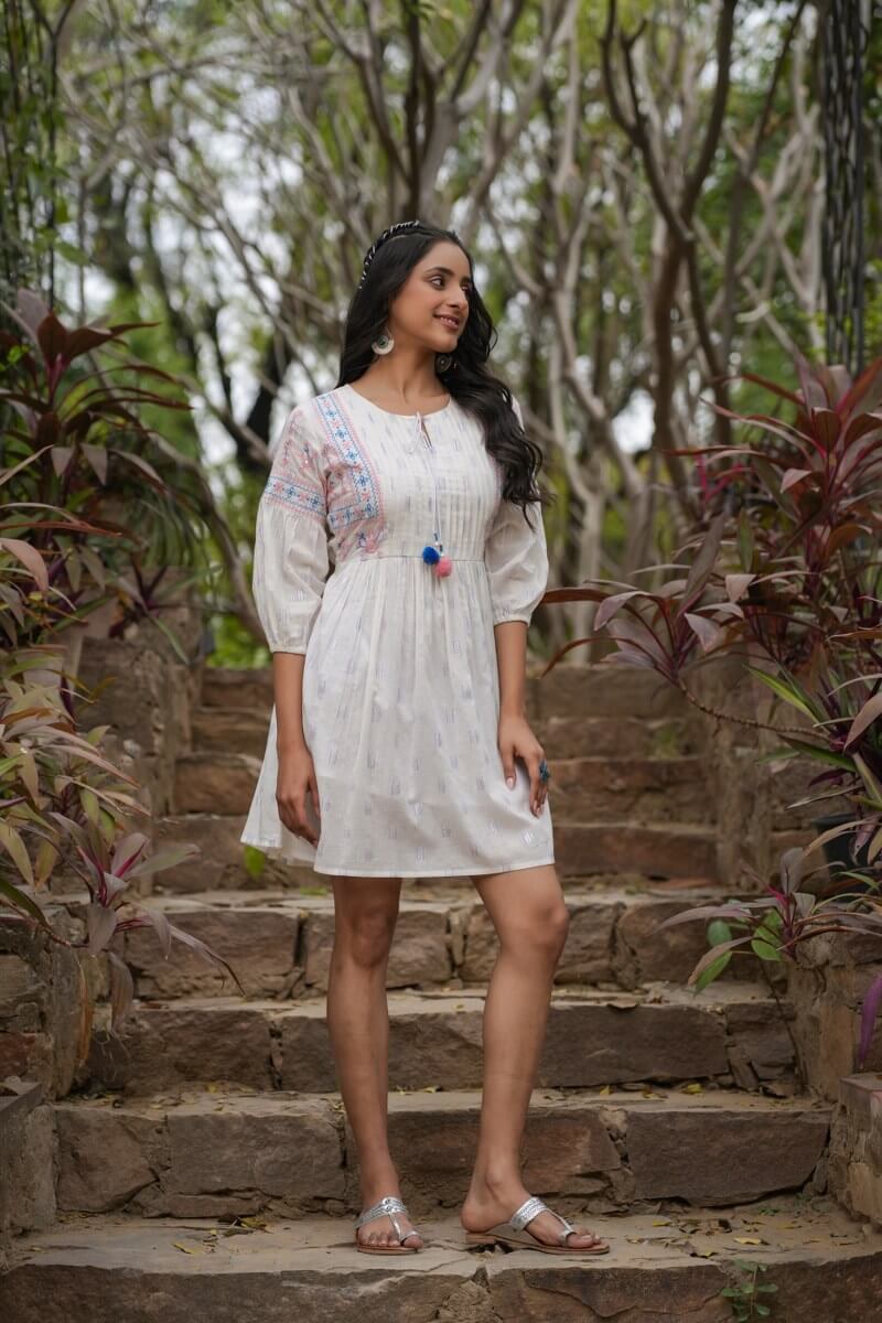 White Short Tunic with Multi Coloured Embroidery