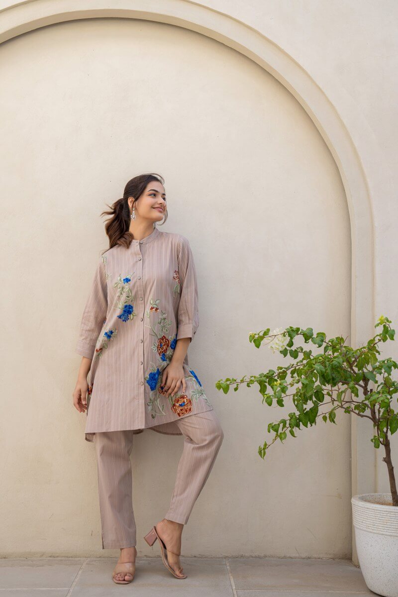 Beige Coord Set with Multi Colour Embroidery