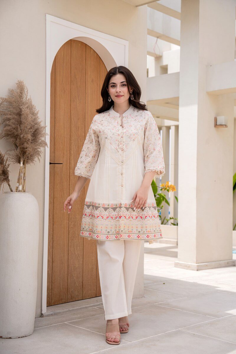 White Coord Set with Multi Coloured Thread work