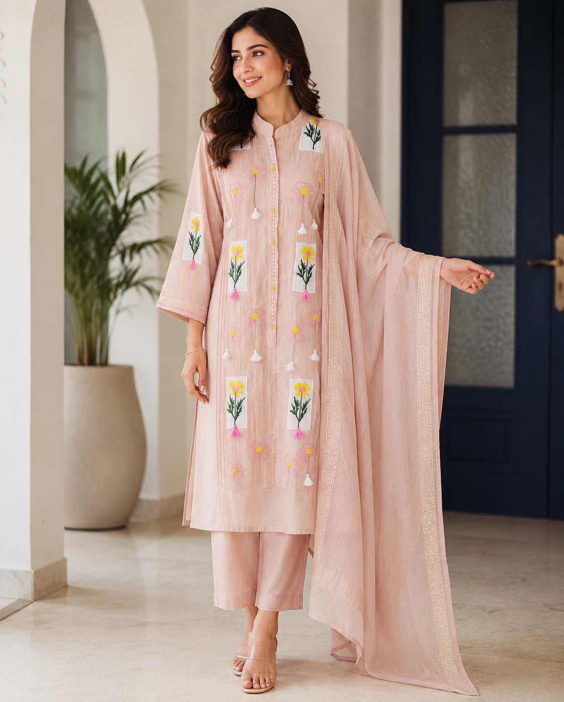 Blush pink floral Mul Chanderi set