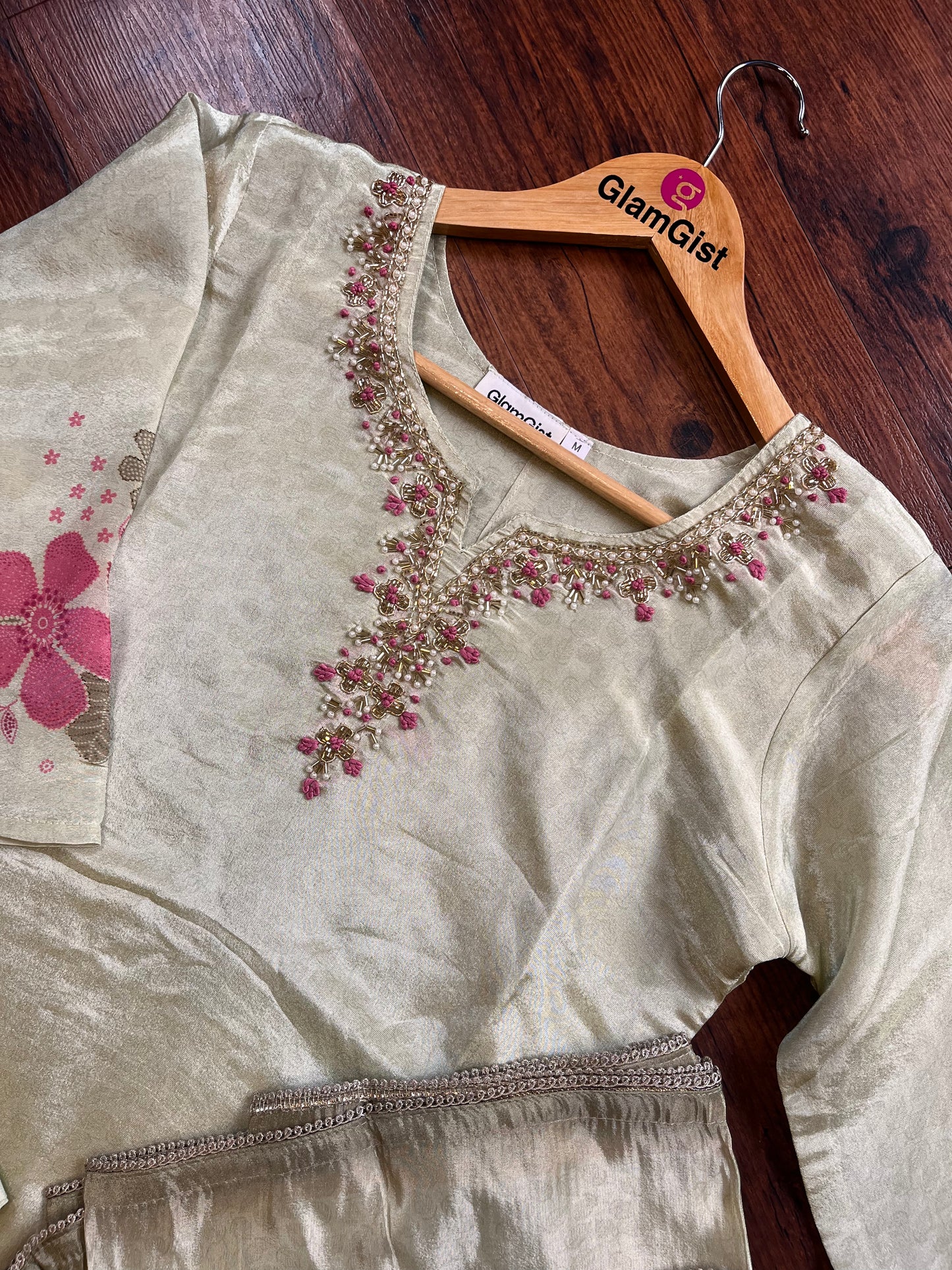 Beige Pure Tissue Silk Handwork Dupatta Dress