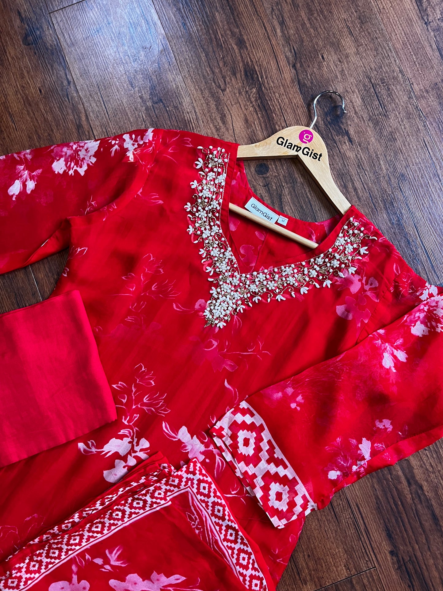 Pure Soft Organza Silk Handwork Dupatta Dress (Red)