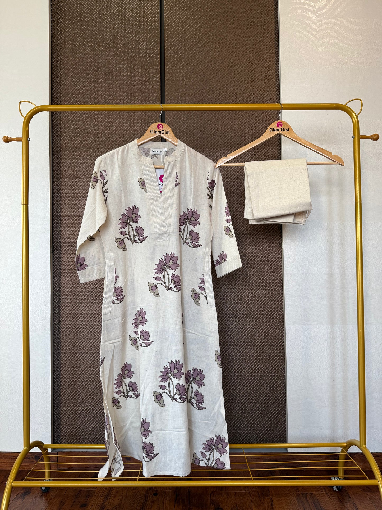 Beige floral handblock cotton kurti pant set