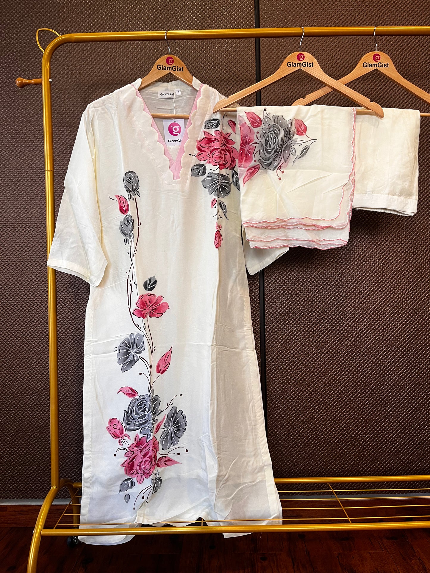Off white russian silk floral kurti set