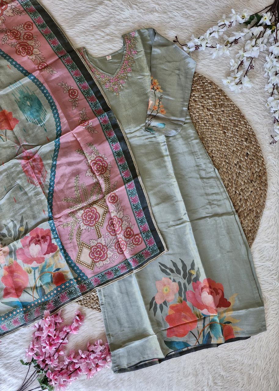 Pure Tissue Silk Handwork Printed Dupatta Dress (Dull Green)