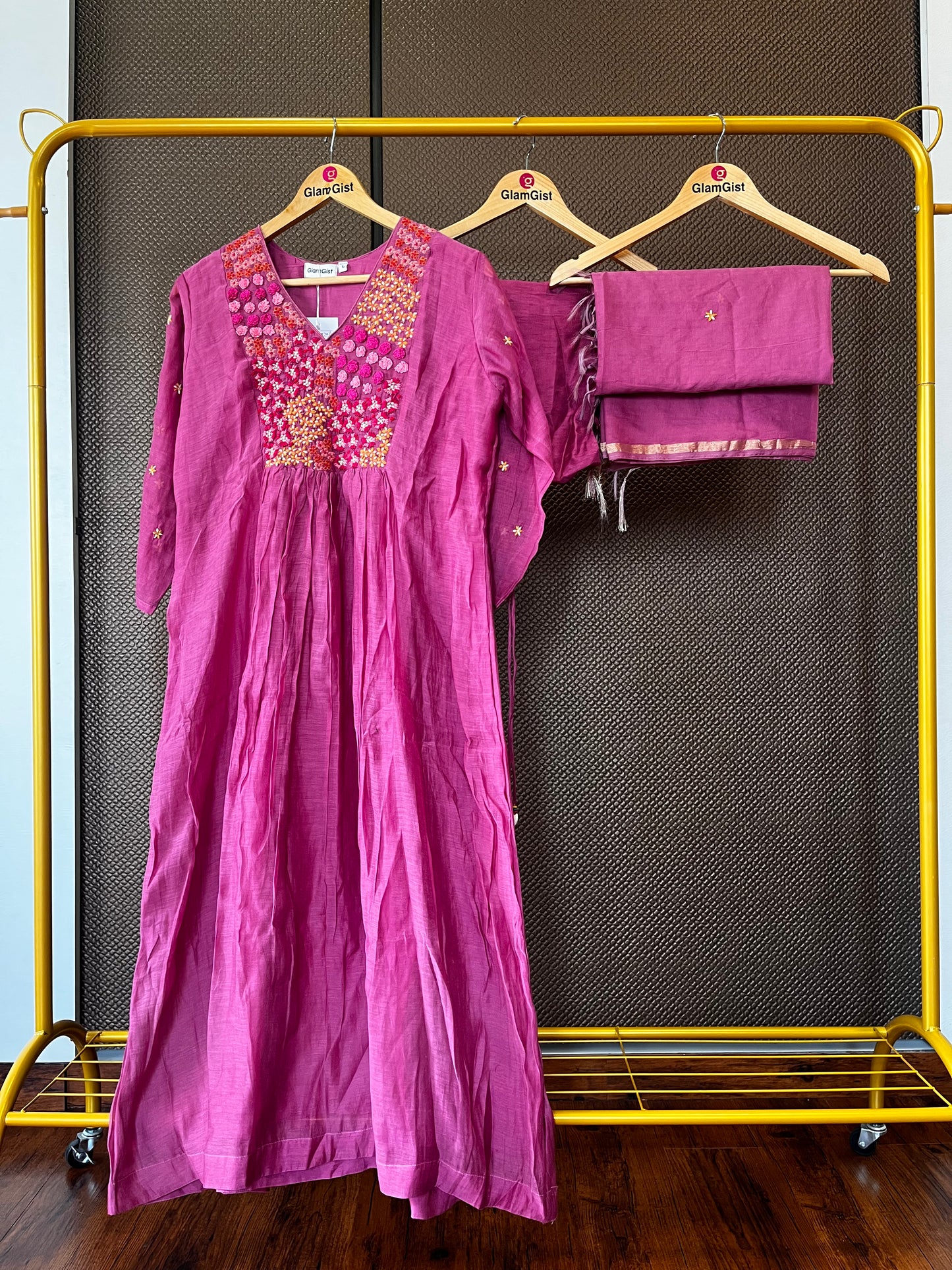 Magenta mul chanderi floral dress