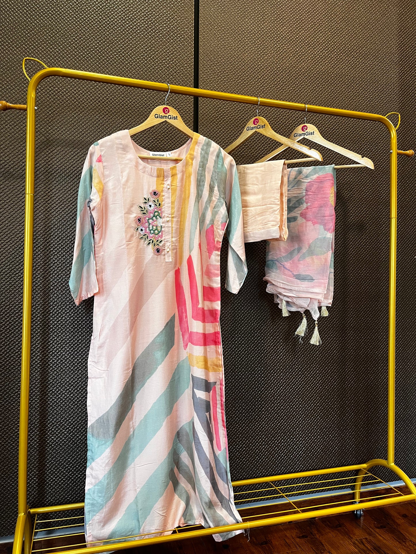 Peach Soft Butter Abstract Peach Print Muslin Silk Handwork Dupatta Dress