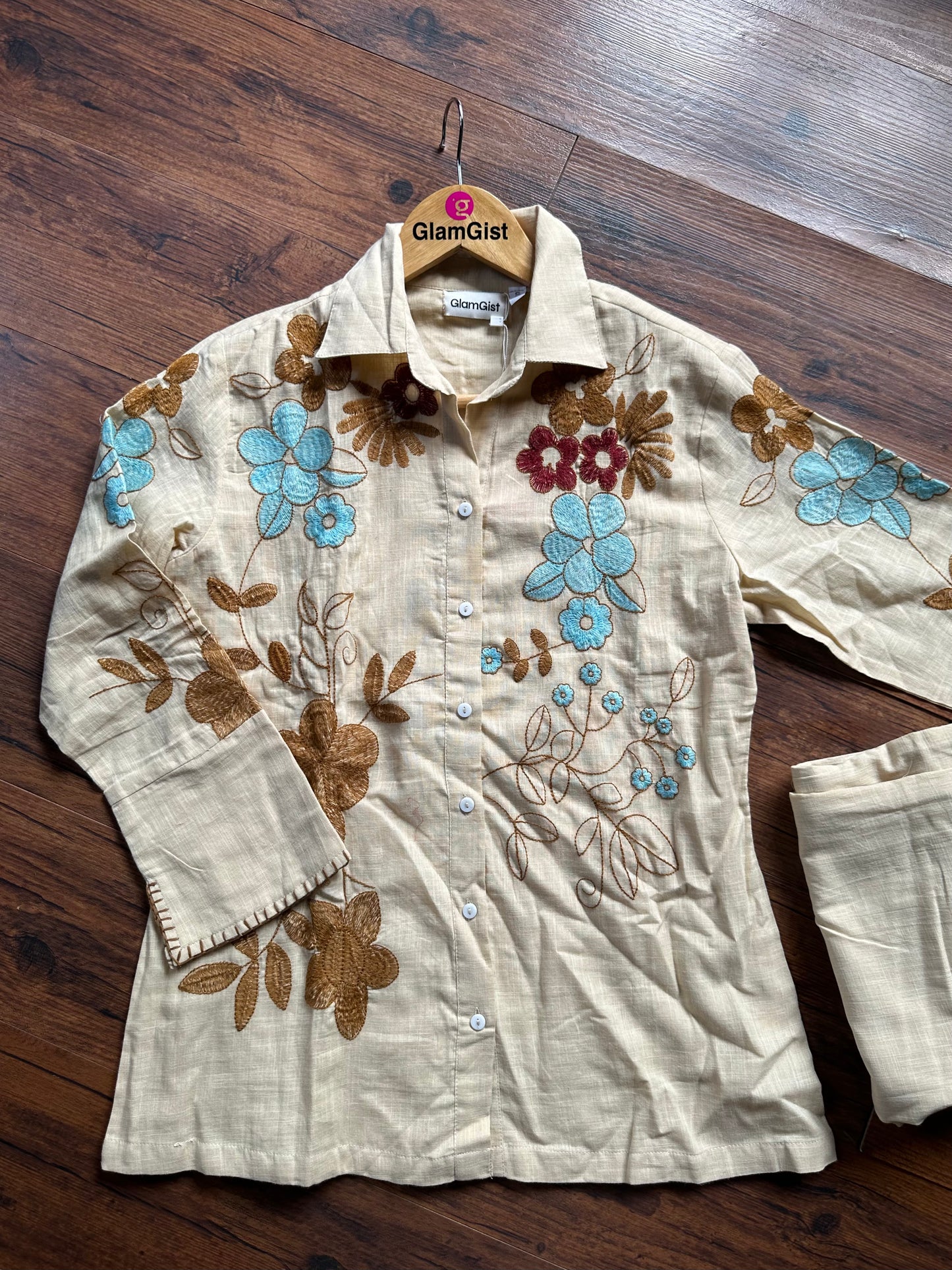 Beige Blossom Embroidered Coord Set