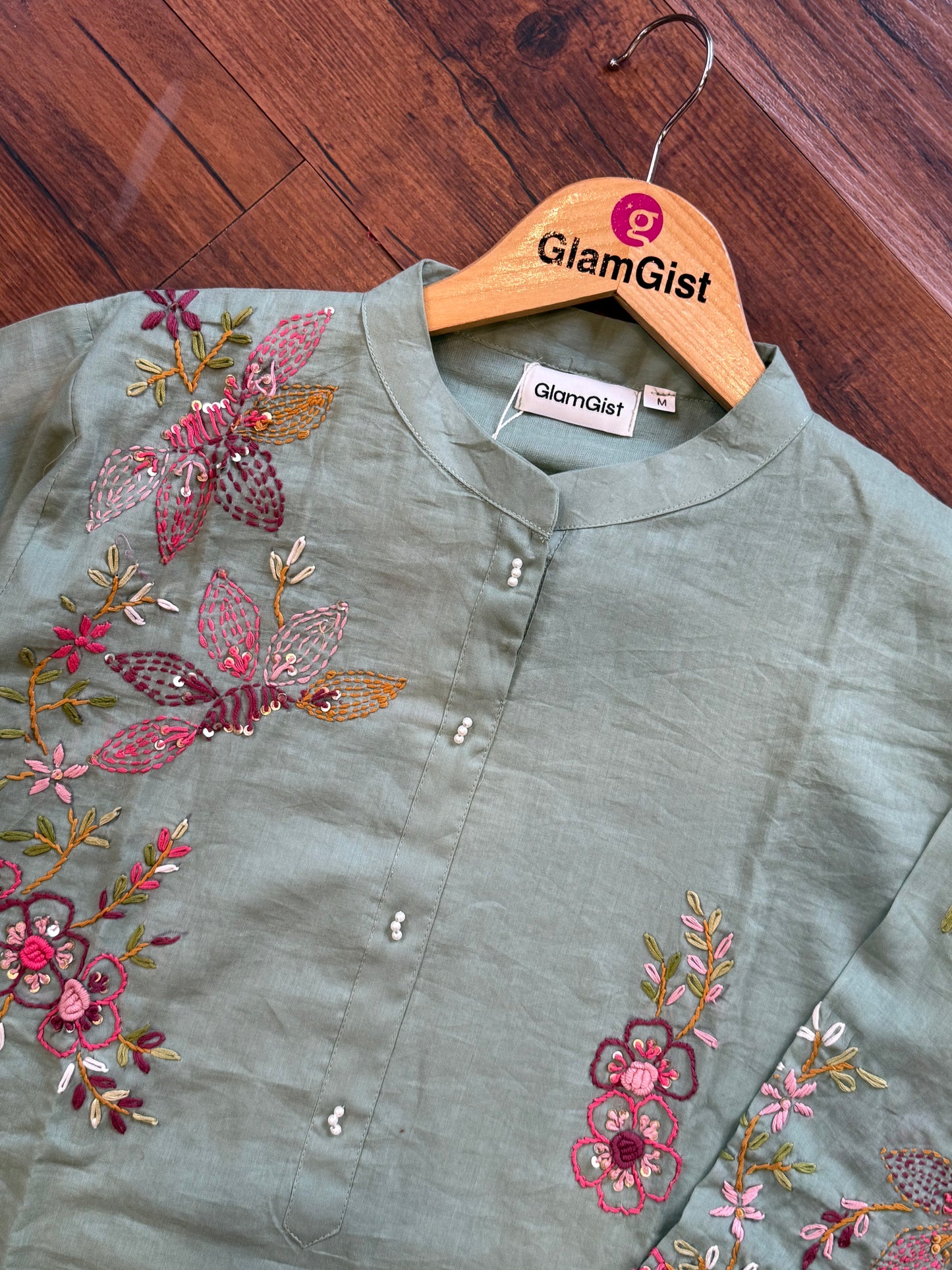 Mint green mul chanderi embroidery kurti set