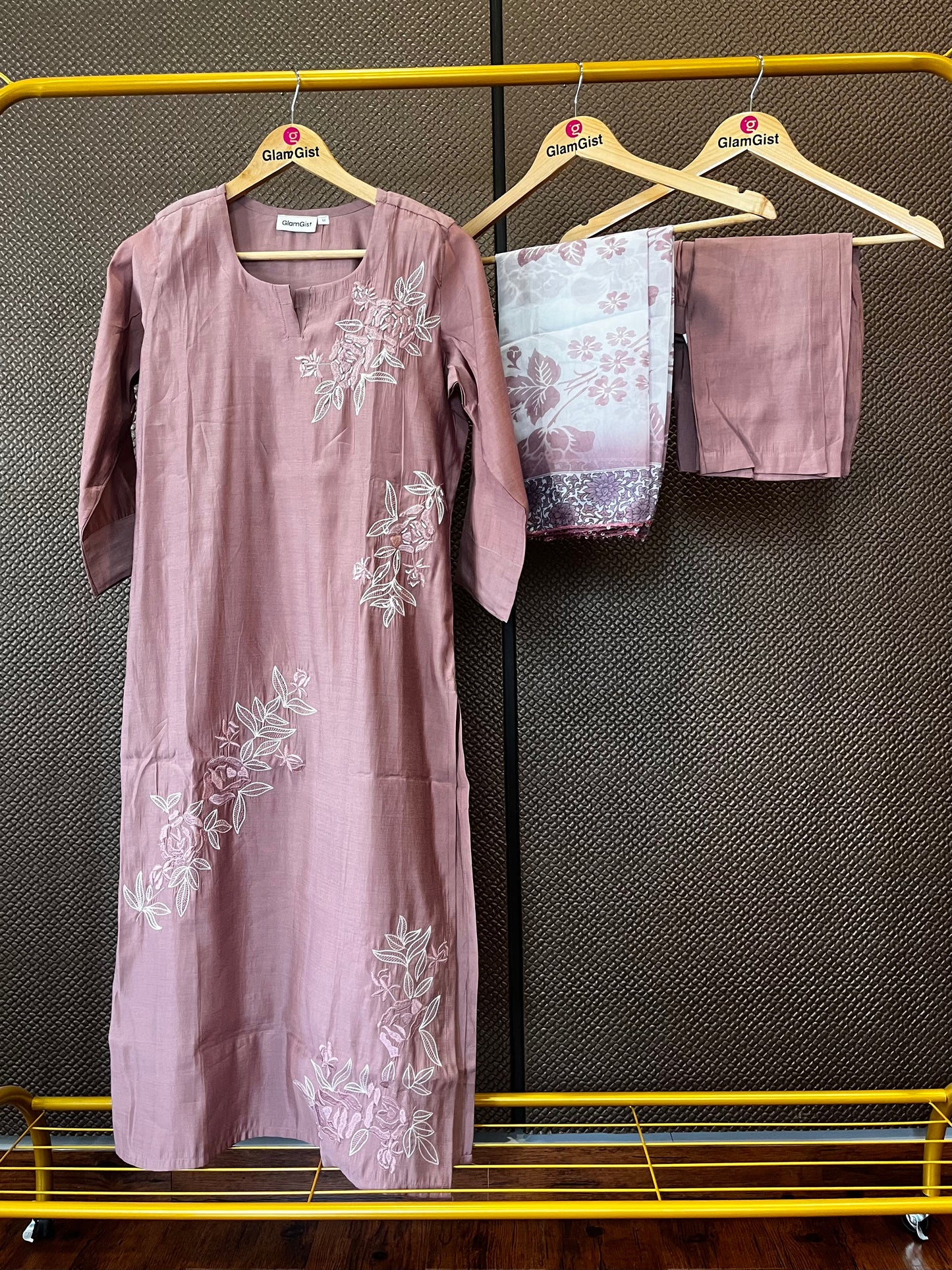 Dusty pink roman silk kurti dupatta pant set