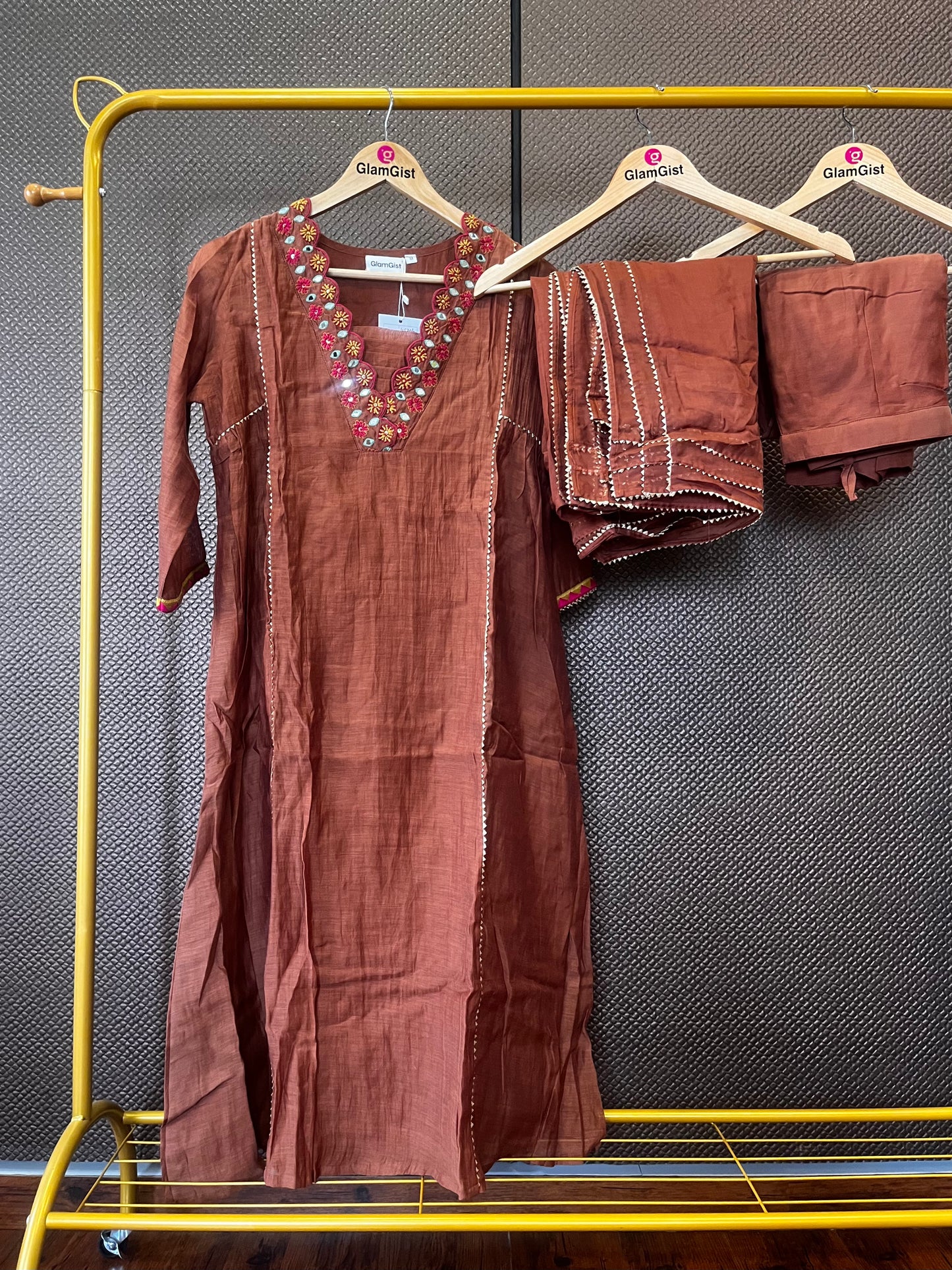 Brown mul chanderi designer kurti set