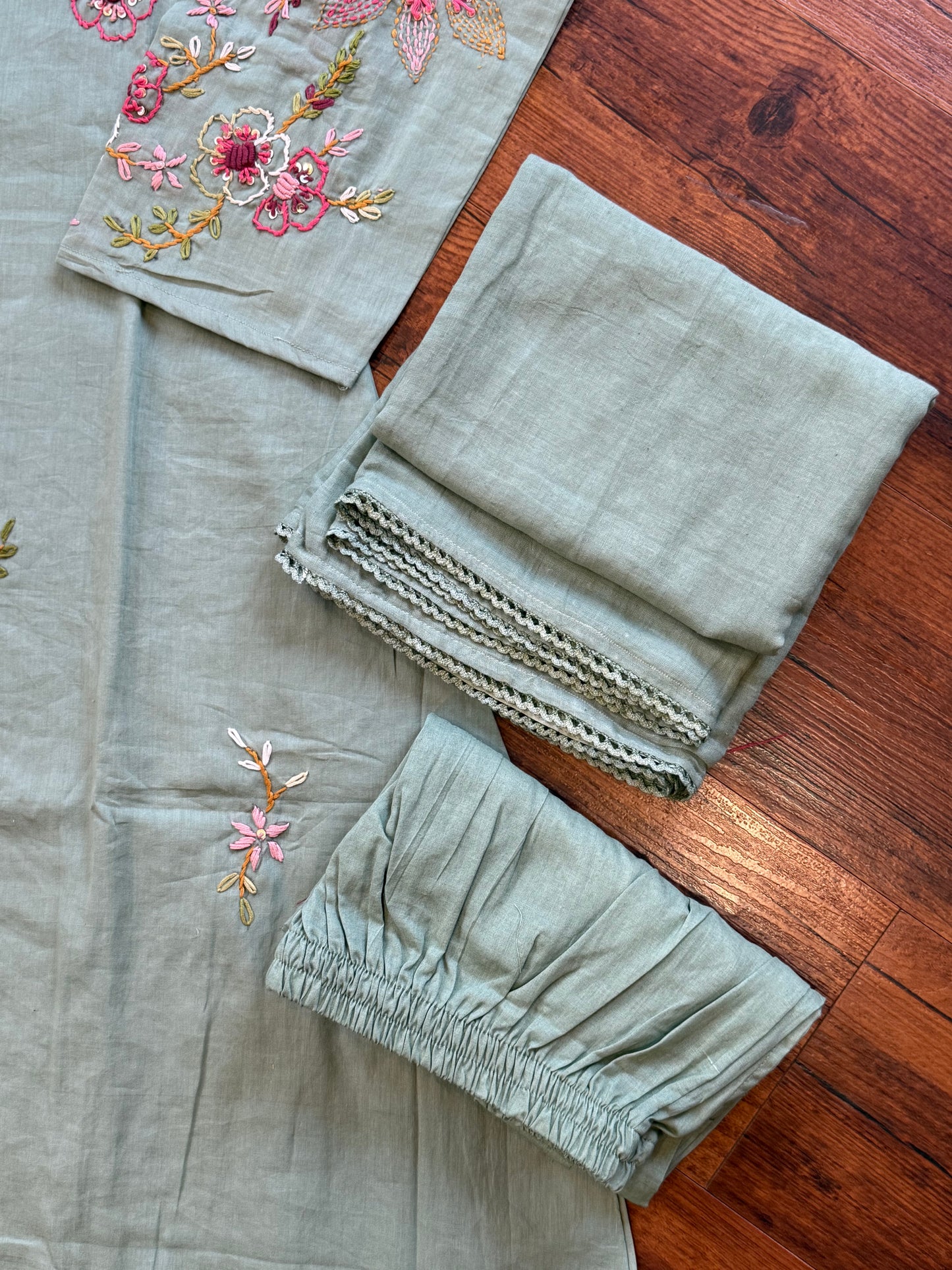 Mint green mul chanderi embroidery kurti set
