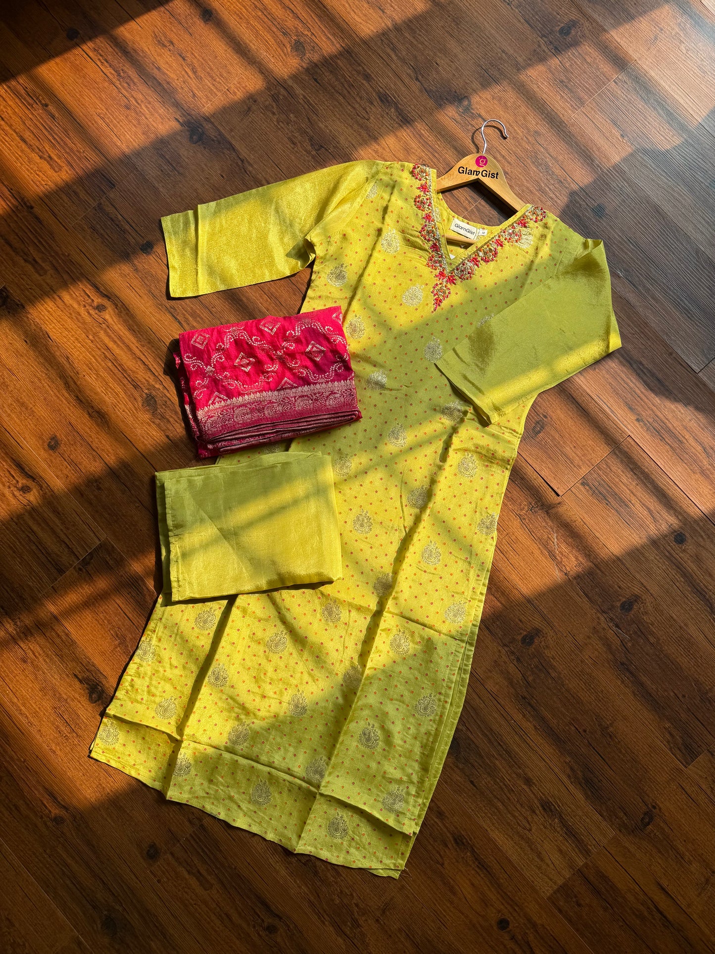 Yellow pure tissue with plazzo pants and red banarasi dupatta