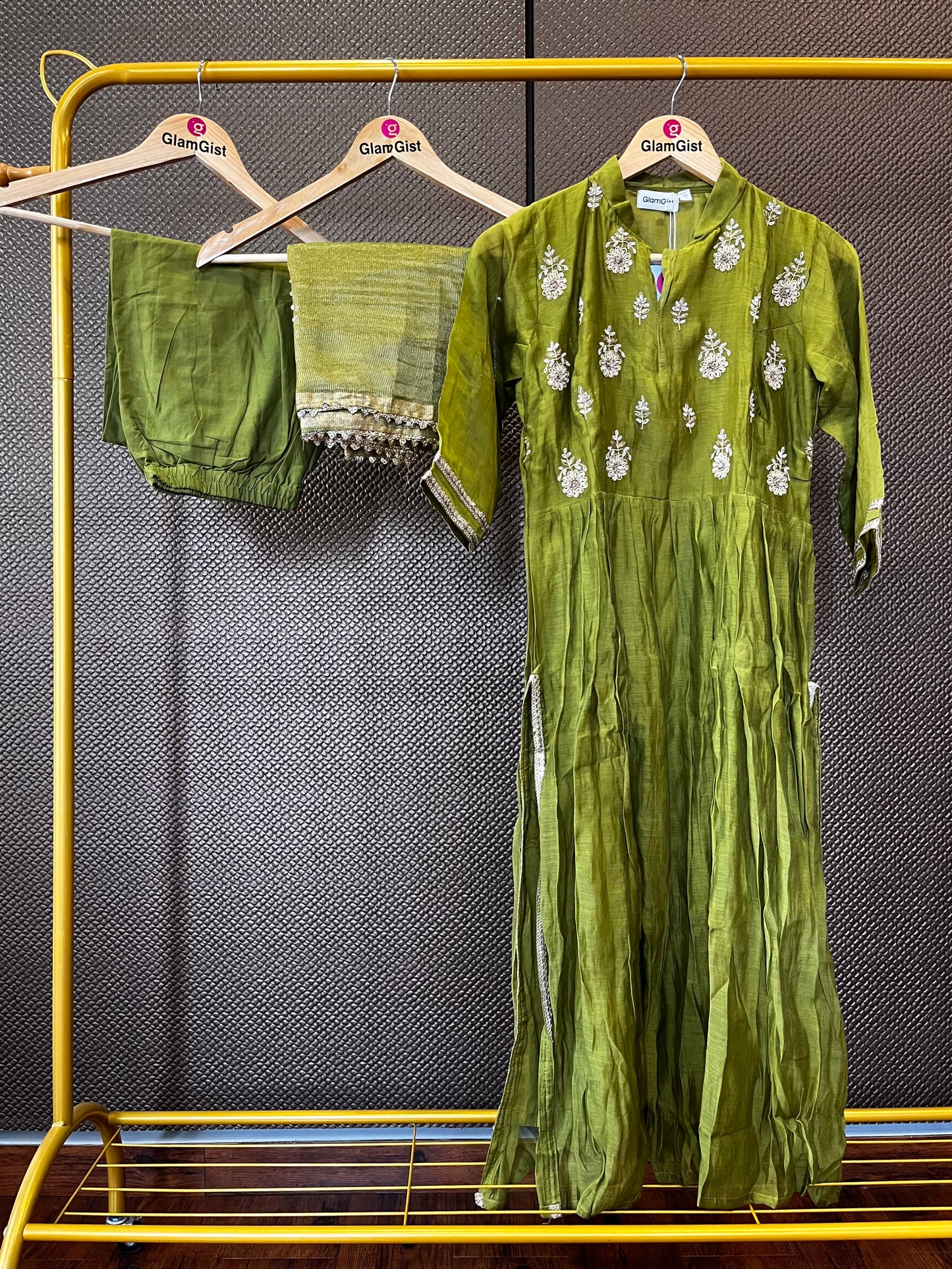 Olive green mul chanderi dress
