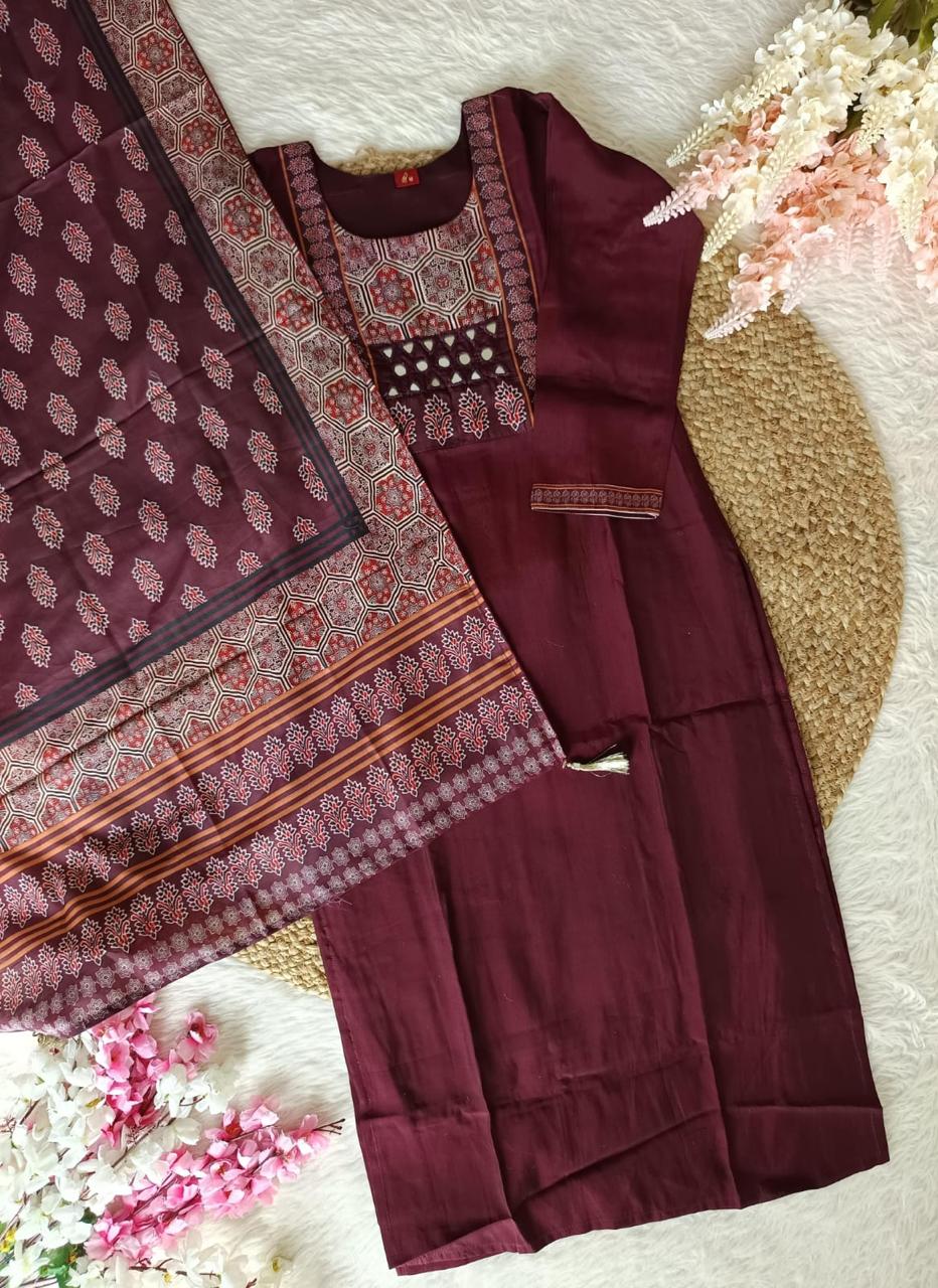 Maroon muslin silk handwork dupatta dress