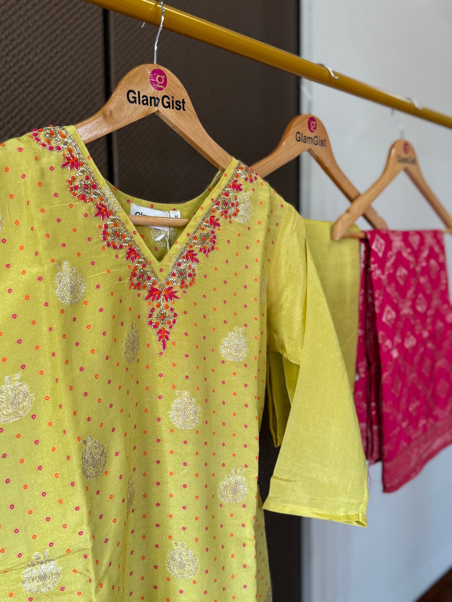Yellow pure tissue with plazzo pants and red banarasi dupatta