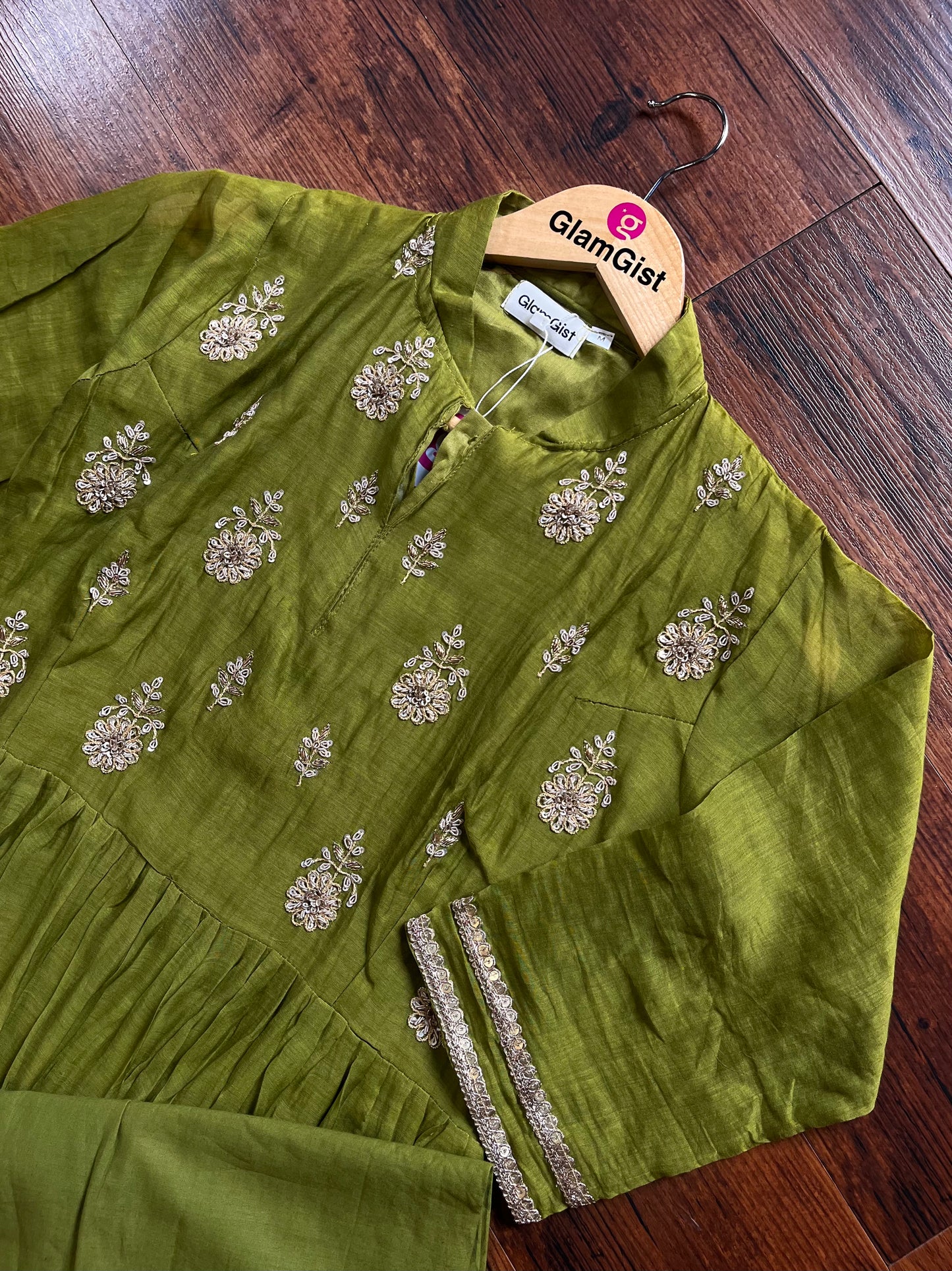 Olive green mul chanderi dress