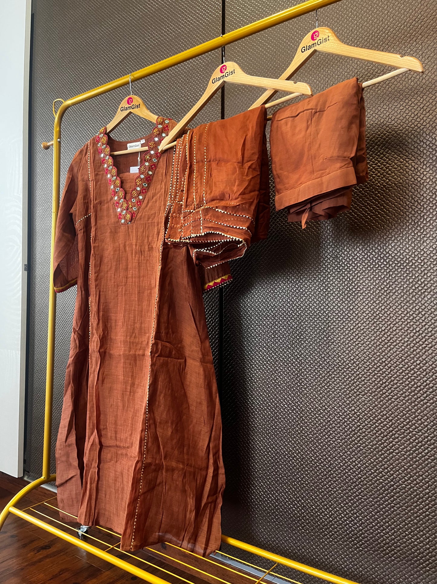 Brown mul chanderi designer kurti set