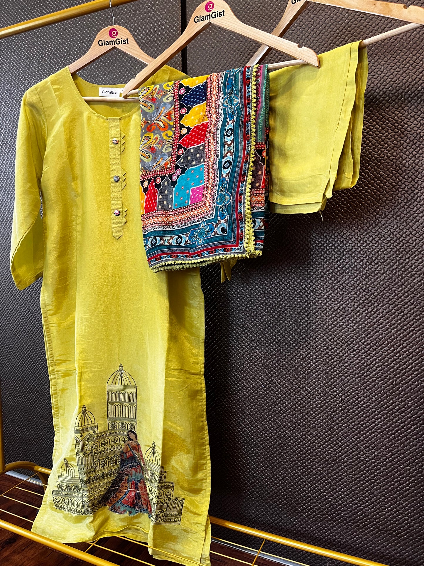 Green Pure Tissue Silk Multi-Coloured Dupatta Dress