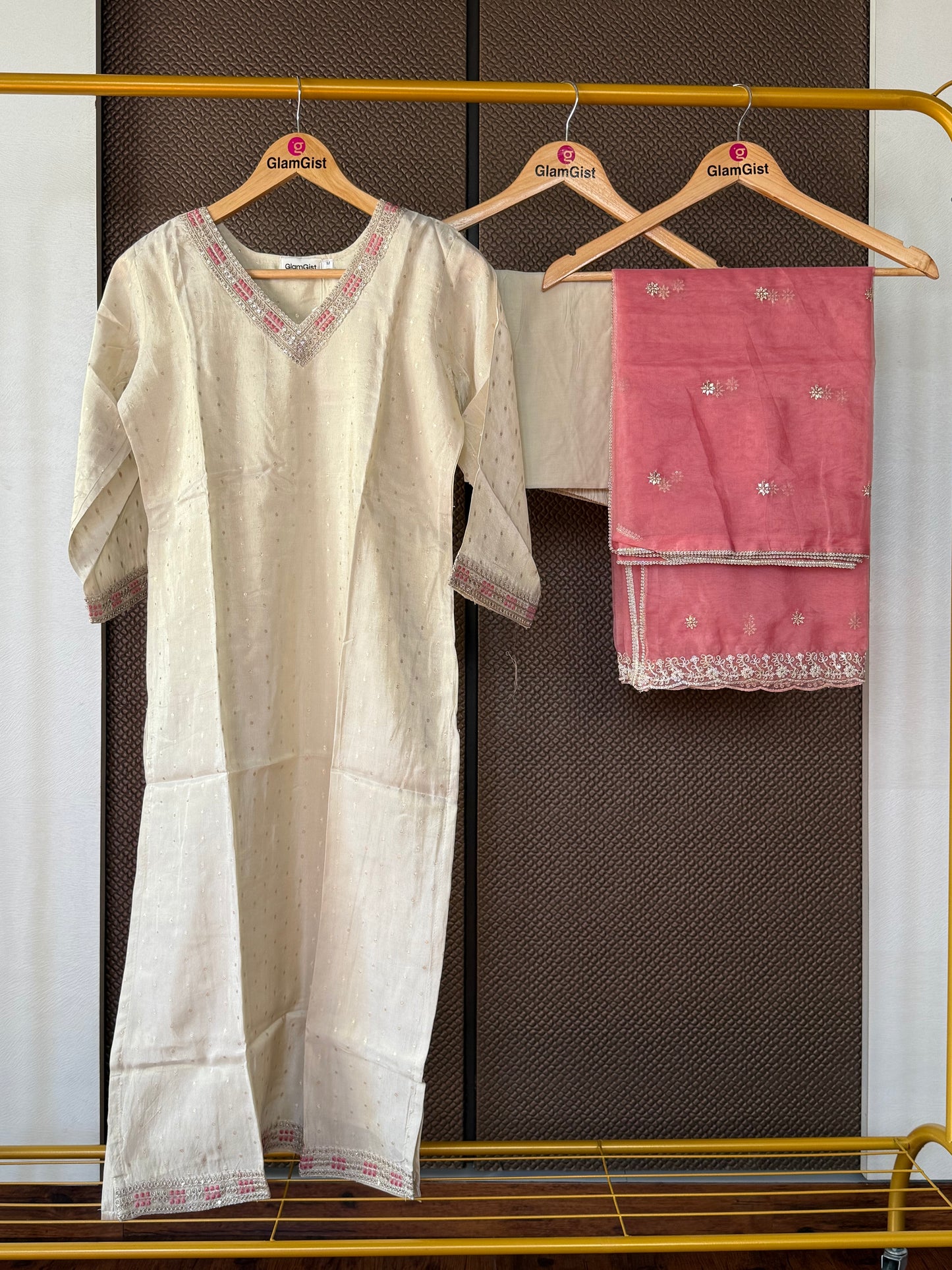 Cream tissue silk with pink dupatta