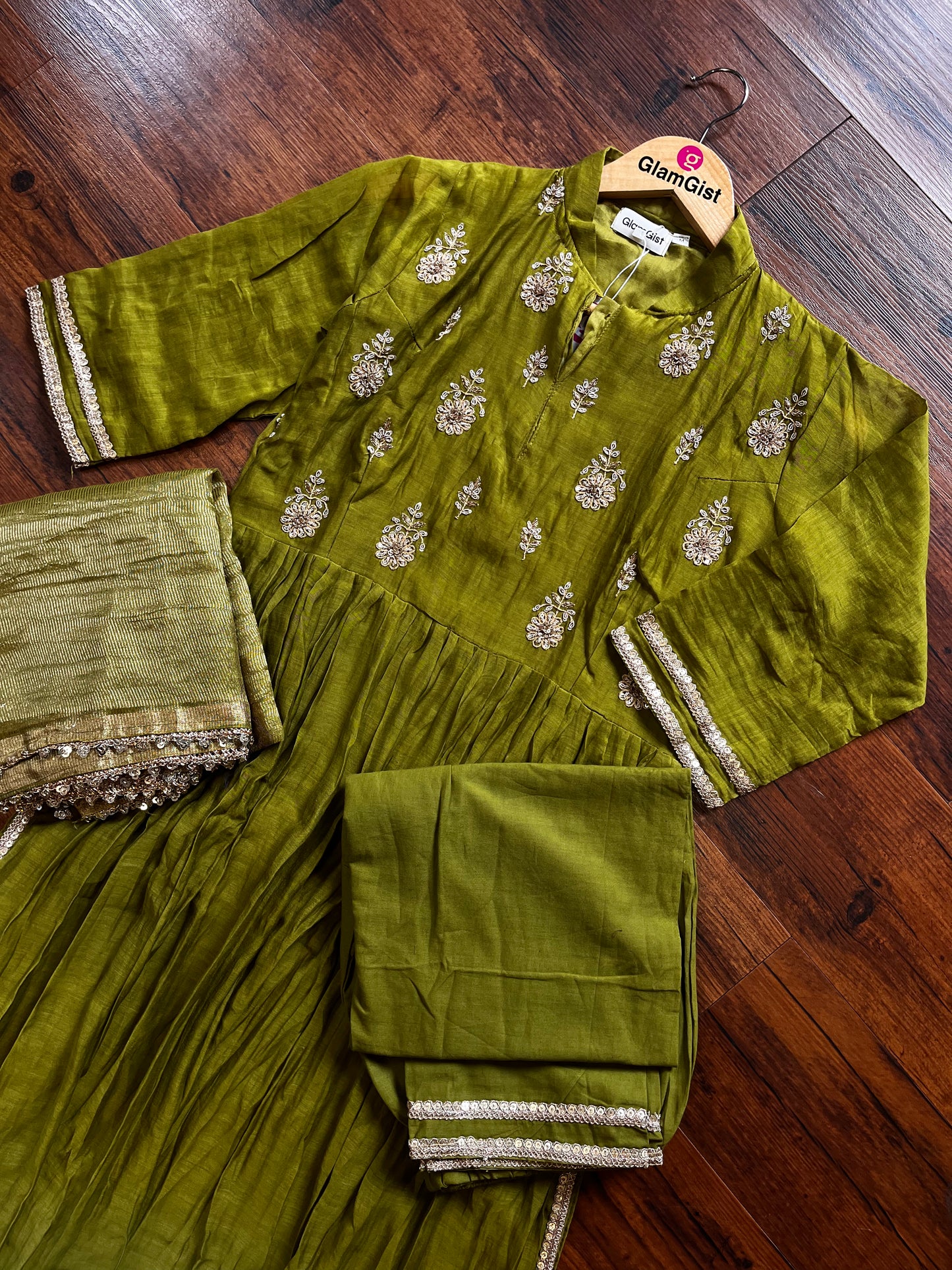 Olive green mul chanderi dress