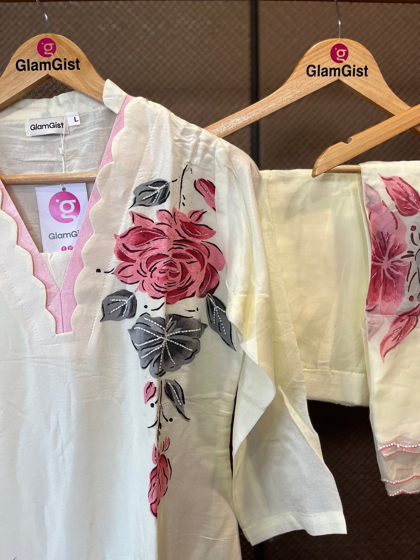 Off white russian silk floral kurti set