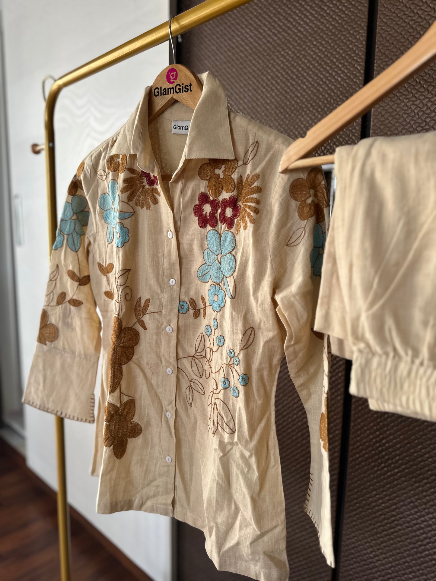 Beige Blossom Embroidered Coord Set