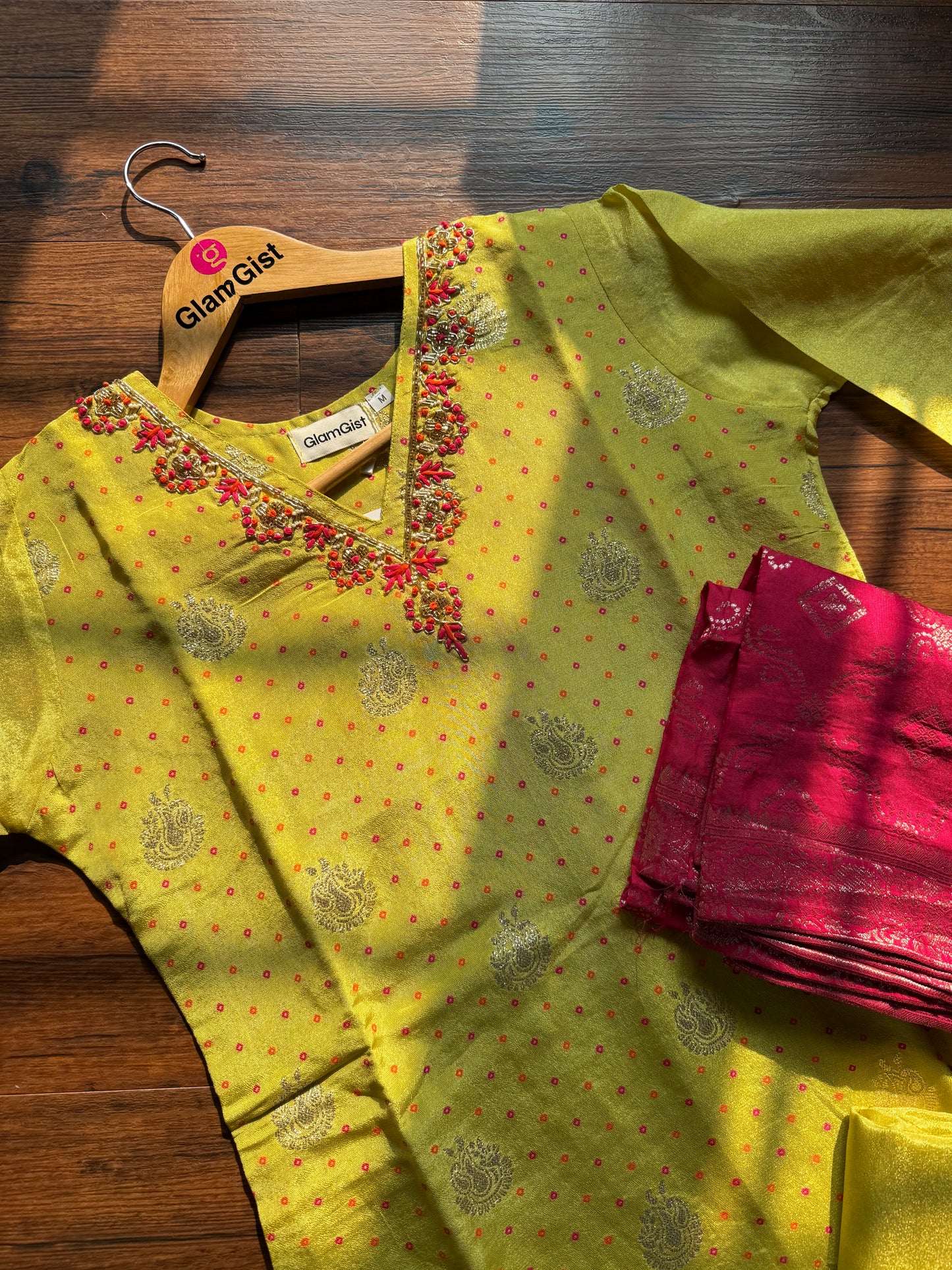 Yellow pure tissue with plazzo pants and red banarasi dupatta