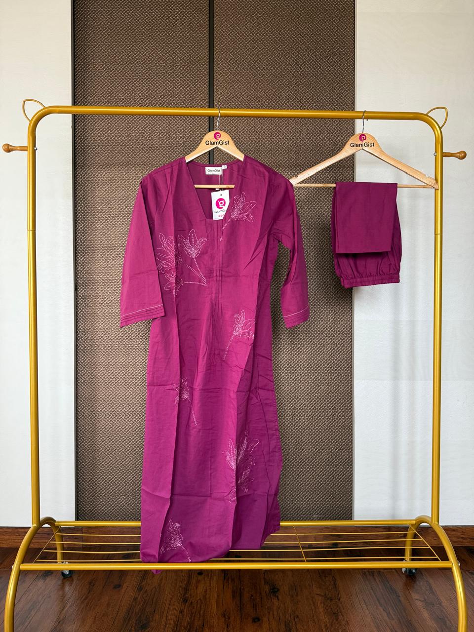 Plum floral embroidered kurta set