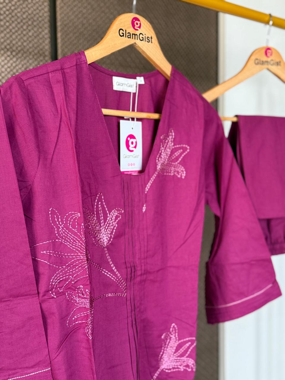 Plum floral embroidered kurta set