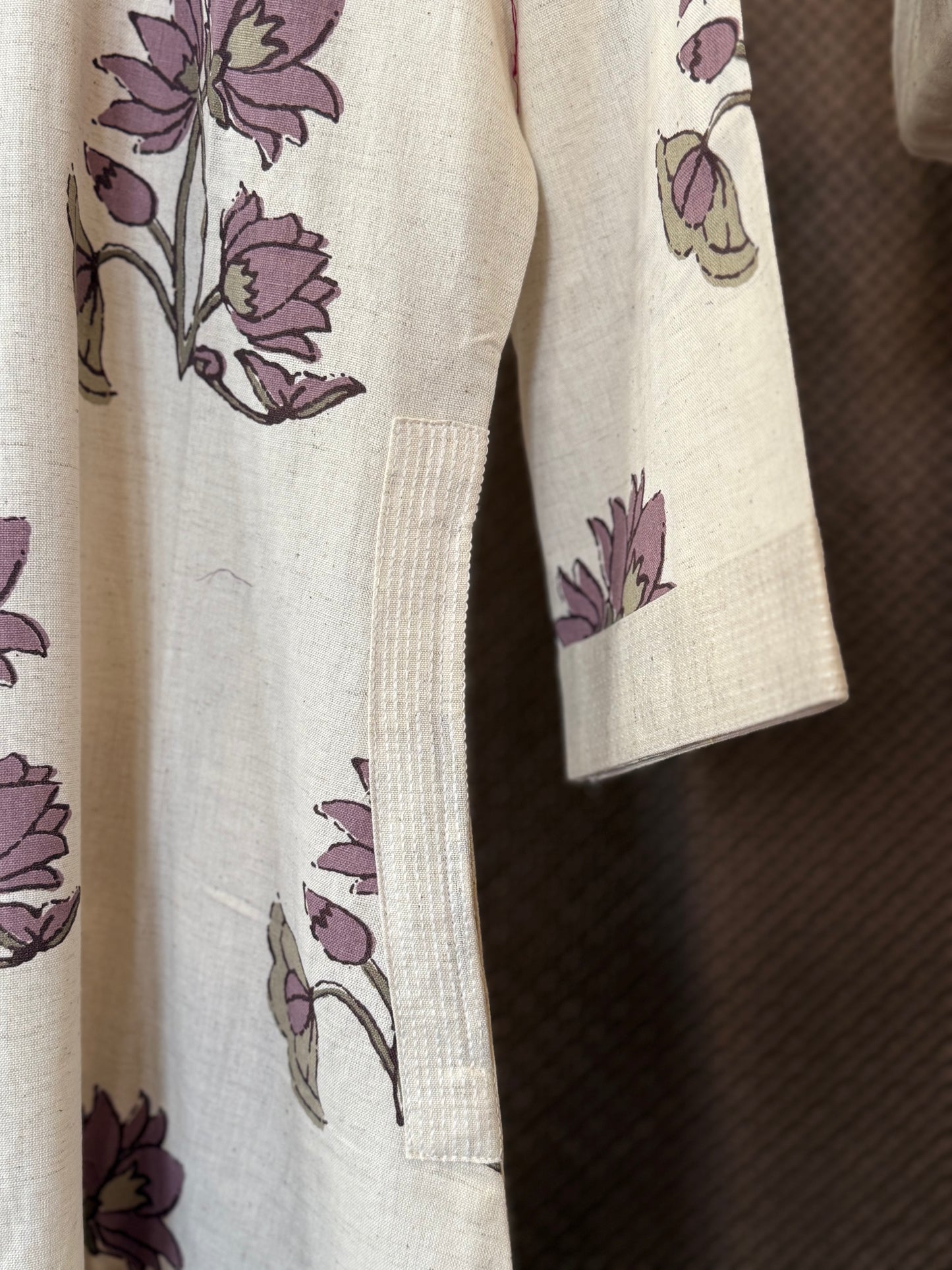Beige floral handblock cotton kurti pant set