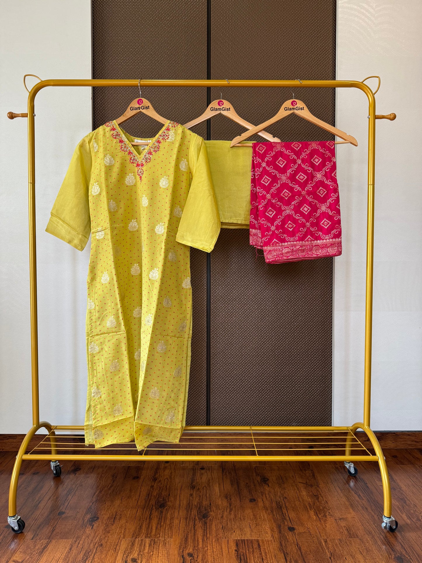 Yellow pure tissue with plazzo pants and red banarasi dupatta